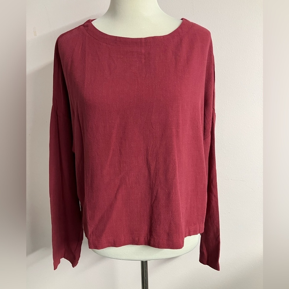 Pretty Garden Women’s Crop Top, Linen Blend, Maroon, XL, Long Sleeves, NWT